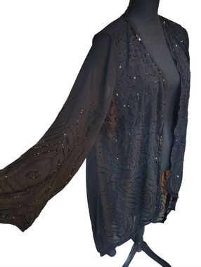 Black Elegant Beaded Sheer Duster Cardigan Top